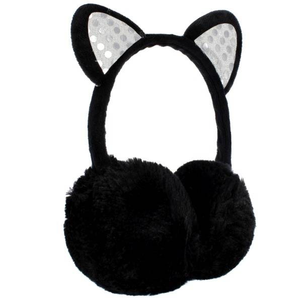 Puha, szőrmés fülmelegítő flitteres fülekkel – Fekete cica