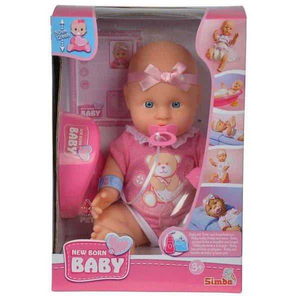 New Born pisilős lány baba rózsaszín ruhában bilivel