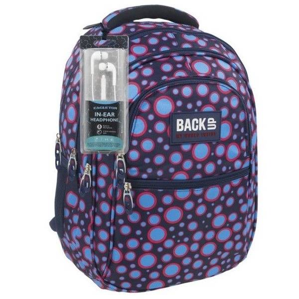 BackUp ergonomikus iskolatáska hátizsák ajándék fülhallgatóval - kék pöttyös