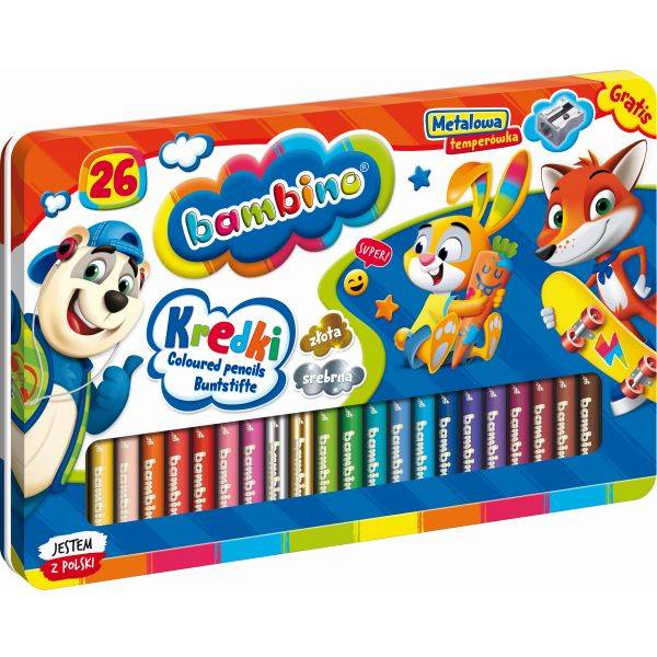 Bambino színes ceruza készlet hegyezővel fém dobozban - 26 színű 