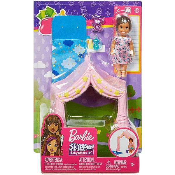 Barbie bébiszitter kiegészítő szett babával és sátorral
