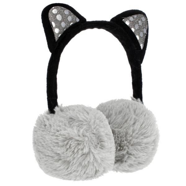 Puha szőrmés fülmelegítő flitteres fülekkel – Szürke cica