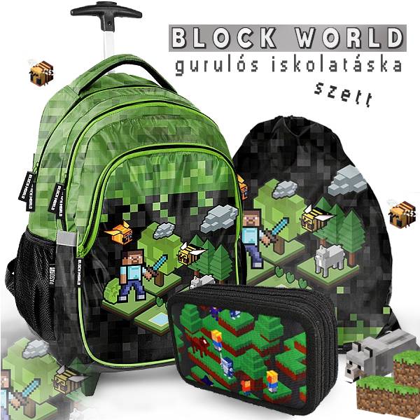 Paso gamer gurulós iskolatáska SZETT - Block World 3 emeletes tolltartóval