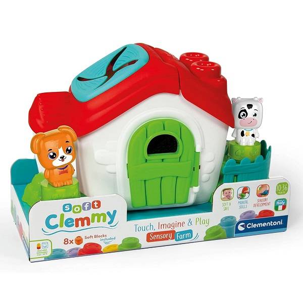 Clemmy Baby kis ház puha építőkockákkal és állatfigurákkal
