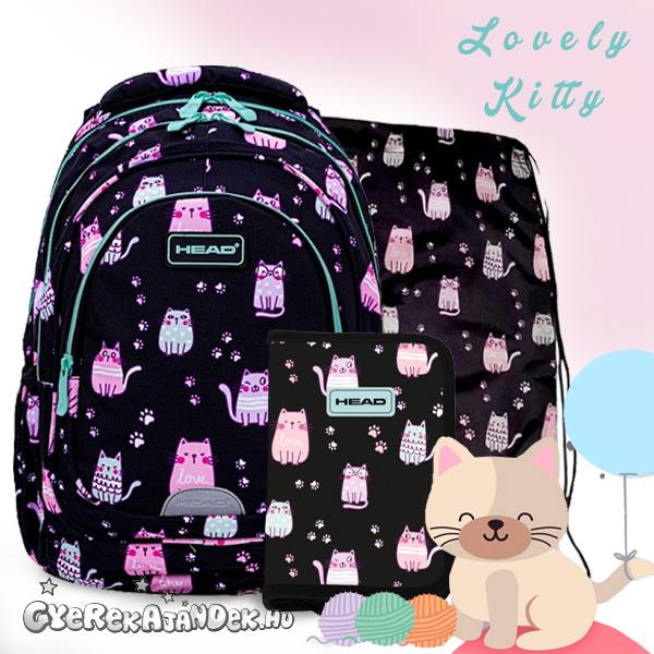 HEAD cicás iskolatáska, hátizsák 39 cm SZETT - Lovely Kitty