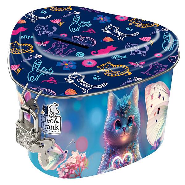 Cleo és Frank cicás szív alakú persely lakattal - pillangóval