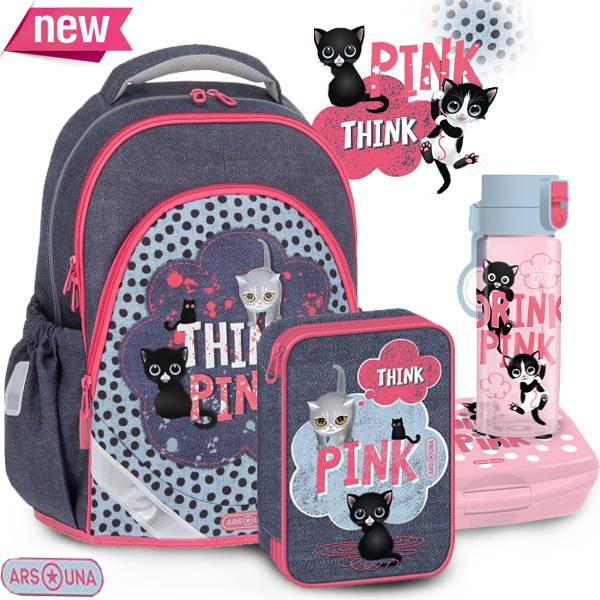 Ars Una cicás iskolatáska 4 részes SZETT – Think Pink pöttyös