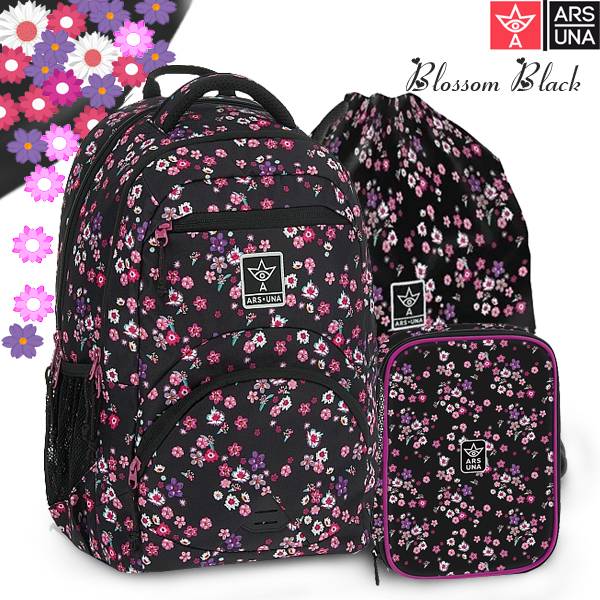 Ars Una iskolatáska, hátizsák 3 részes SZETT - Blossom Black ( AU-C2 )
