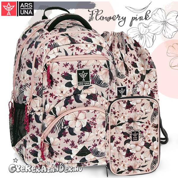 Ars Una iskolatáska hátizsák SZETT – Flowery Pink ( AU-C2 )