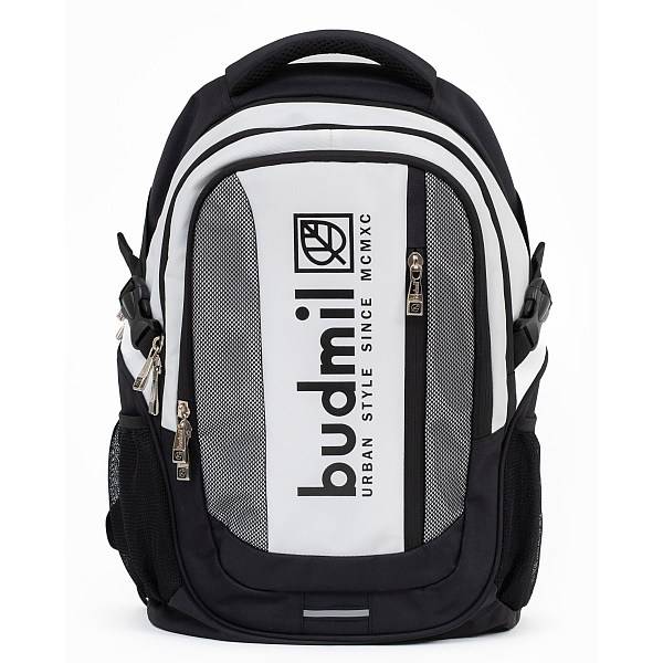 Budmil iskolatáska, hátizsák zsebbel - fekete-fehér