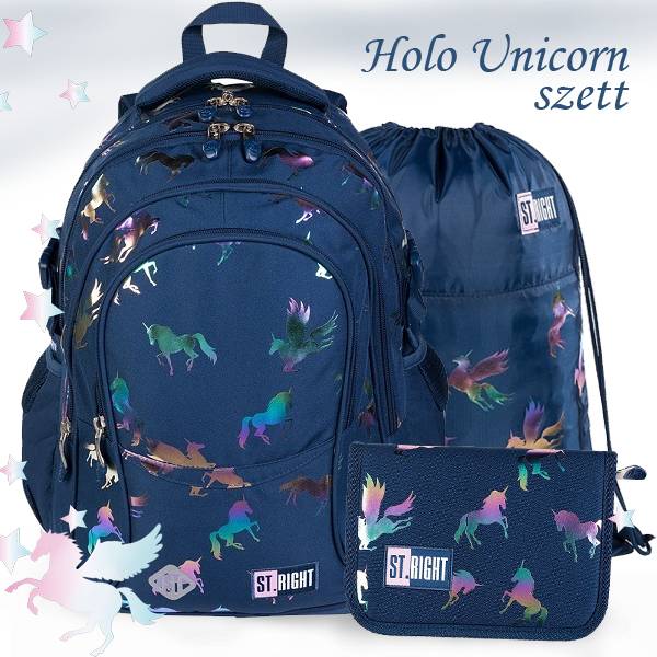 St. Right iskolatáska, hátizsák 4 rekeszes SZETT 43 cm – Holo Unicorn
