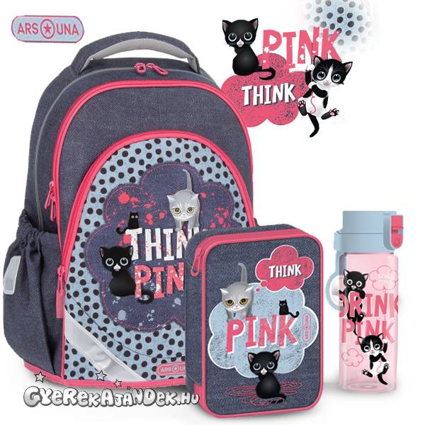 Ars Una cicás iskolatáska 3 részes SZETT – Think Pink pöttyös (AU-F1)