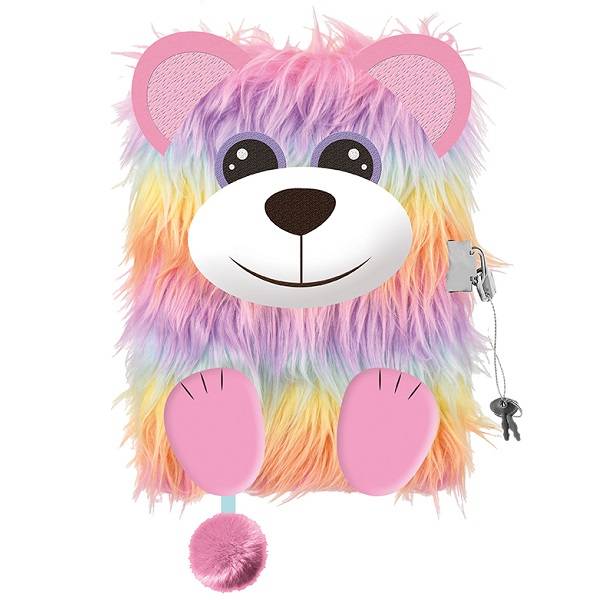 Szőrmés napló kulccsal 3D mintával A5 – Szivárvány maci