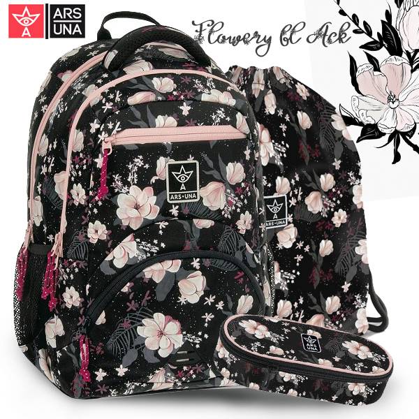 Ars Una virágos iskolatáska hátizsák SZETT – Flowery Black ( AU-C2 )